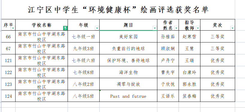 竹山中学湖东路校区关于江宁区环境健康杯绘画征文活动获奖喜报